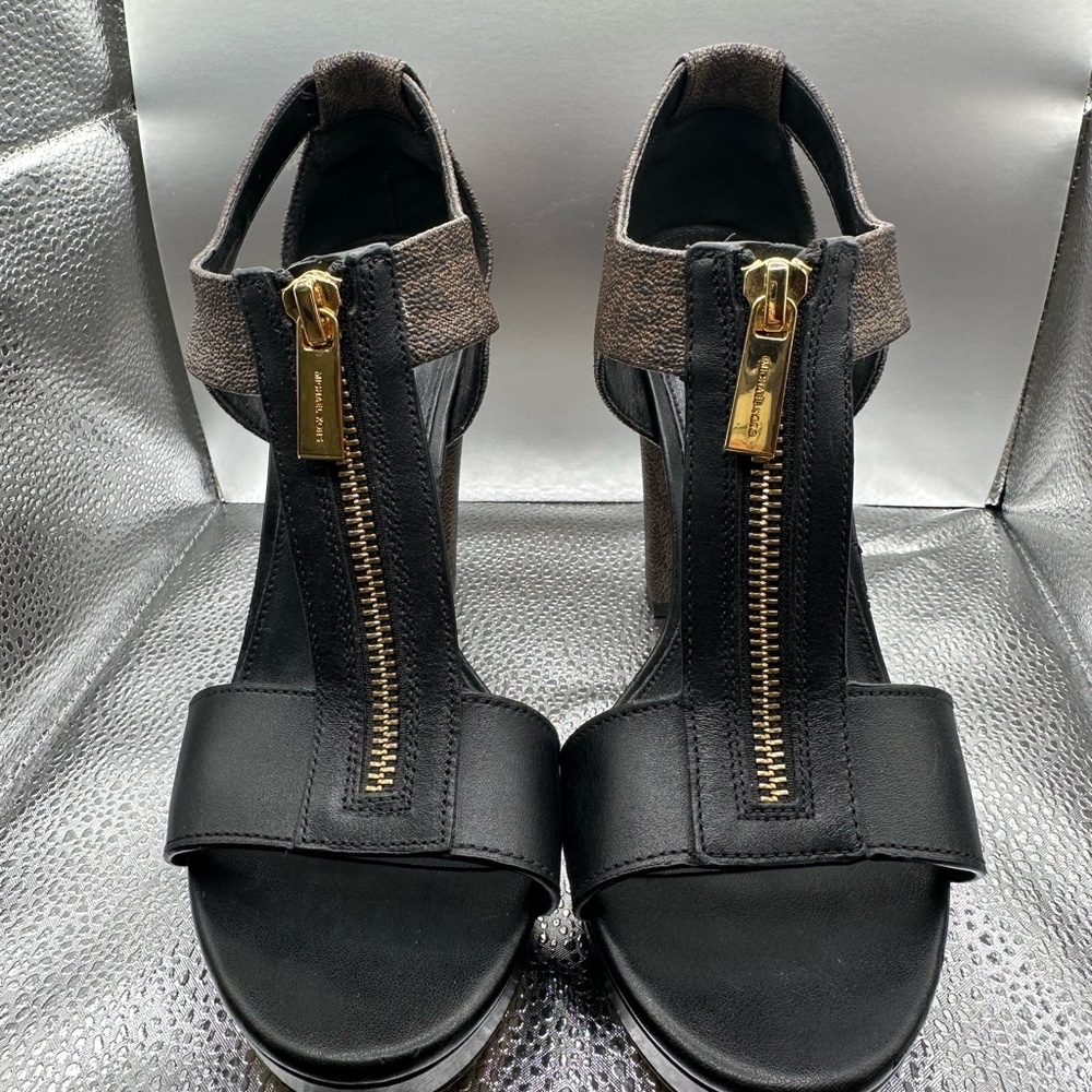 Michael Kors T-Strap Platform Heels Black and Brown Heels with Gold Accent 7.5
